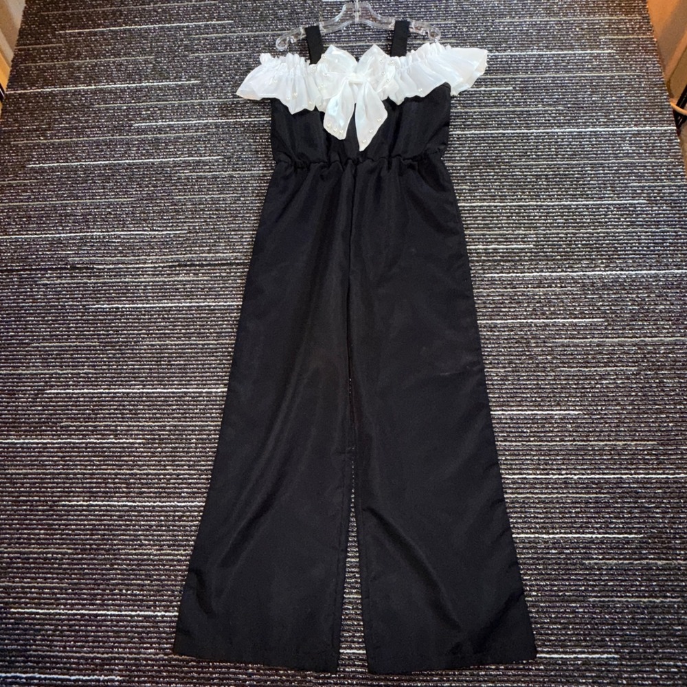 SHEIN Jumpsuit Girls 7Y NWOT Black White Pearl Bow Ruffle Wide Leg Chic